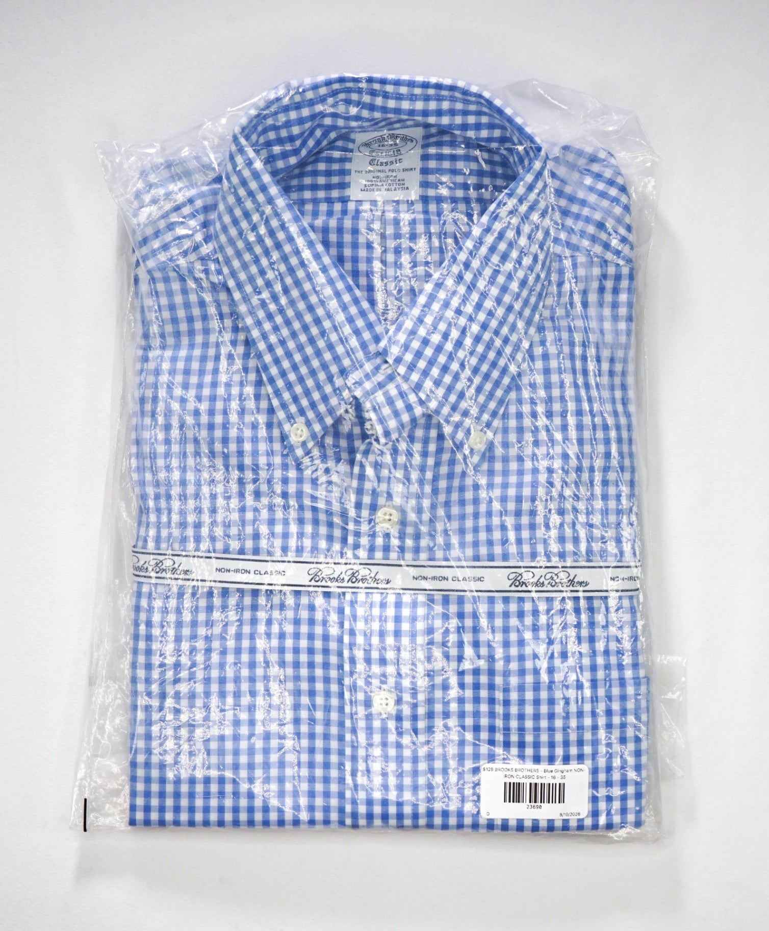 $128 BROOKS BROTHERS - Blue Gingham NON-IRON CLASSIC Shirt - 16 - 35