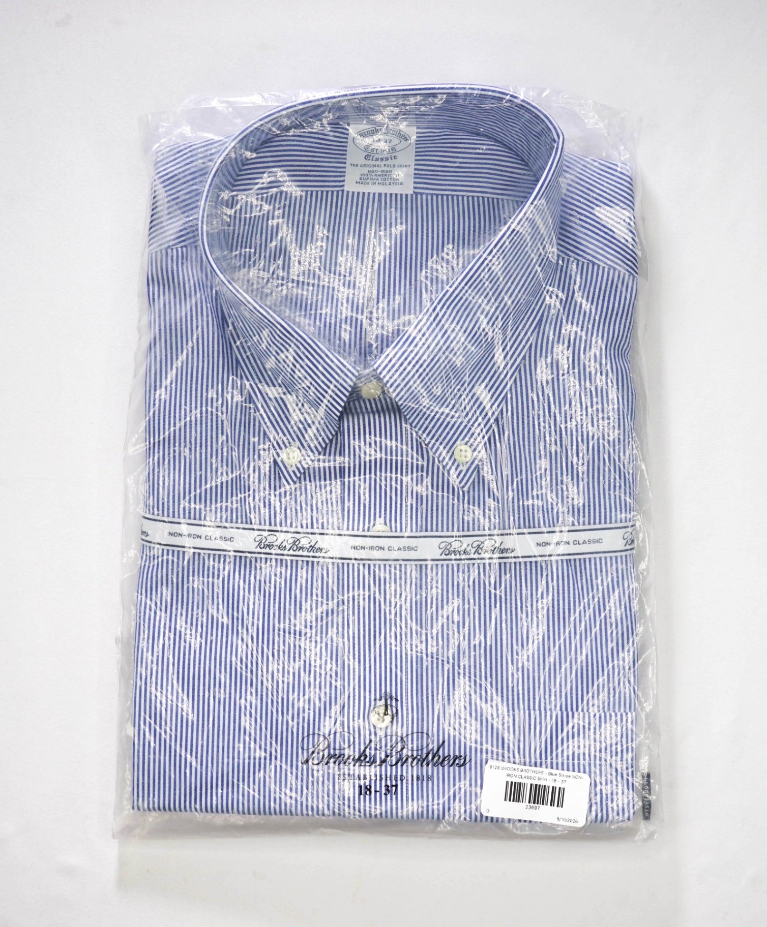 $128 BROOKS BROTHERS - Blue Stripe NON-IRON CLASSIC Shirt - 18 - 37