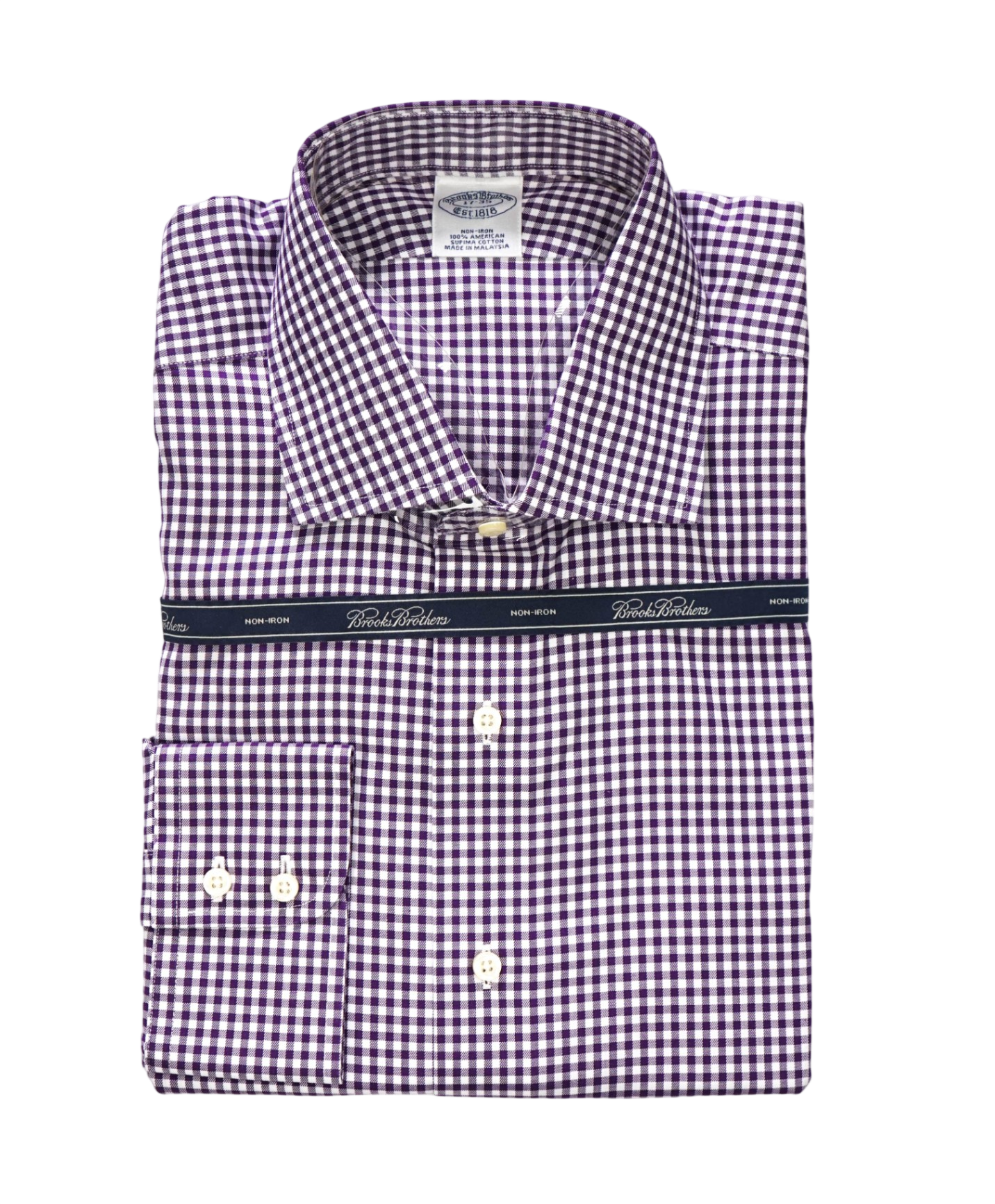 $128 BROOKS BROTHERS - Purple Gingham NON-IRON Shirt - 17 - 35