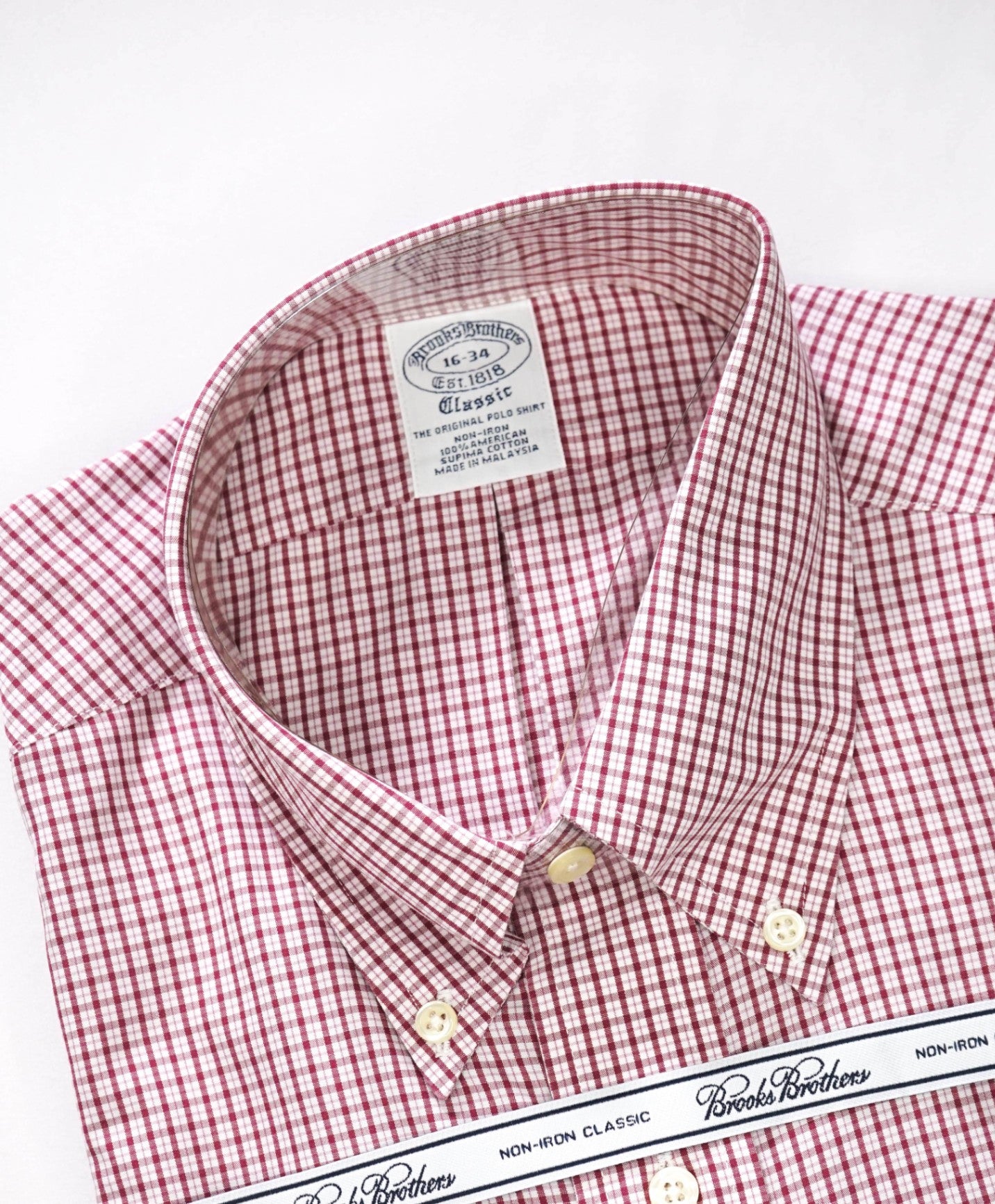 $128 BROOKS BROTHERS - Red Micro Plaid NON-IRON CLASSIC Shirt - 16 - 34