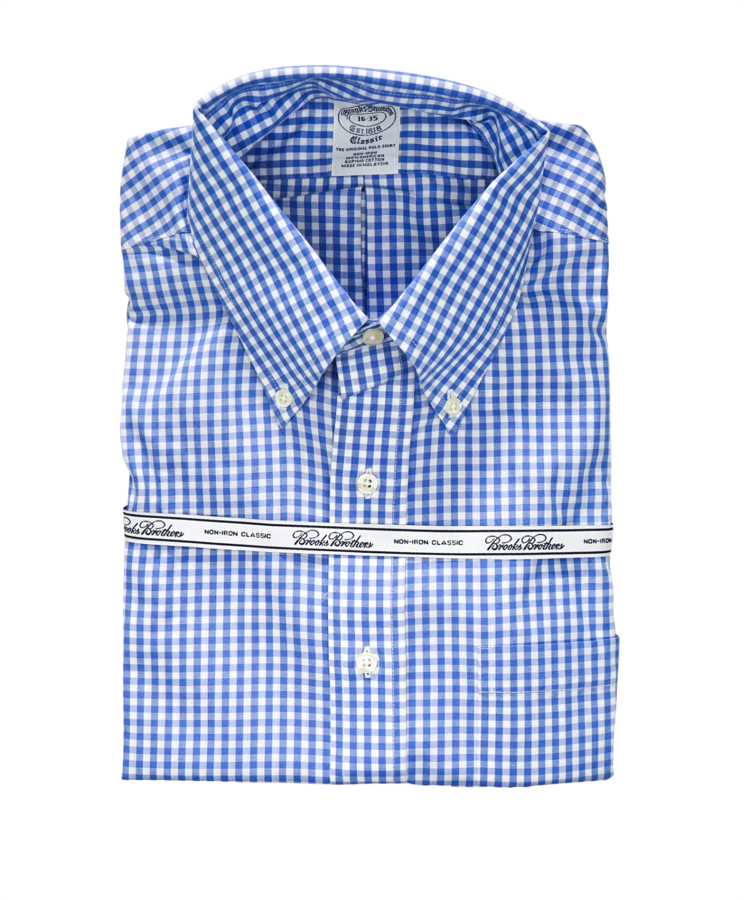 $128 BROOKS BROTHERS - Blue Gingham NON-IRON CLASSIC Shirt - 16 - 35