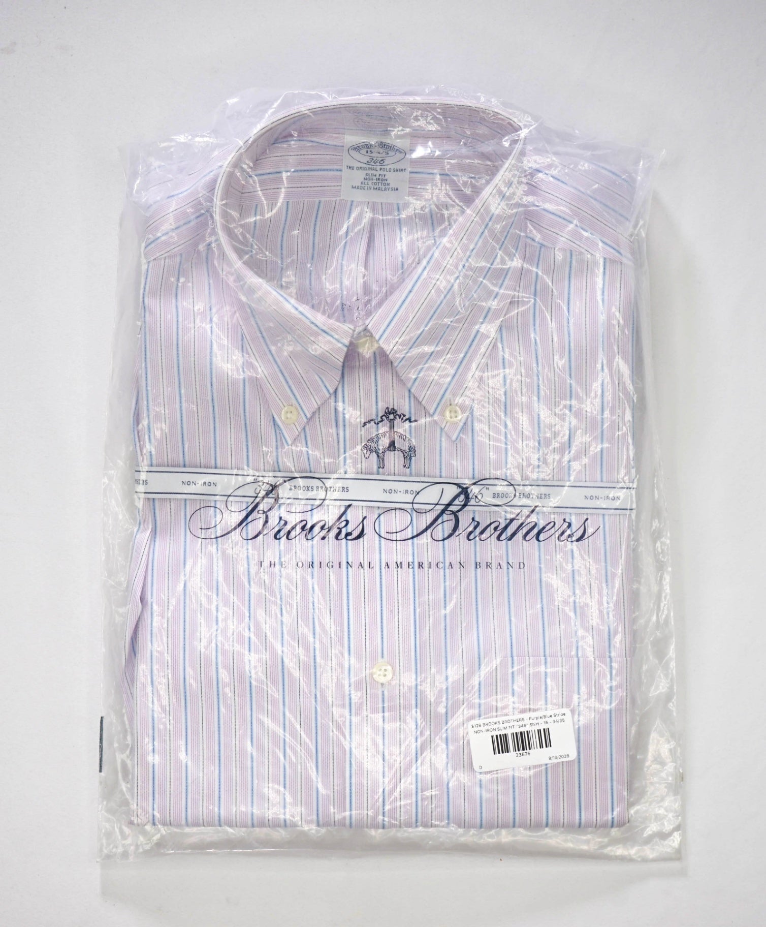 $128 BROOKS BROTHERS - Purple/Blue Stripe NON-IRON SLIM FIT "346" Shirt - 15 - 34/35