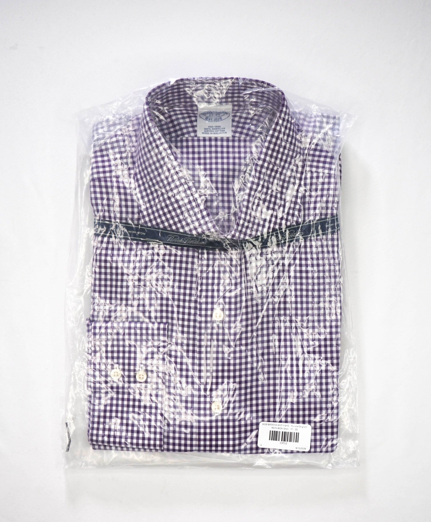 $128 BROOKS BROTHERS - Purple Gingham NON-IRON Shirt - 17 - 35