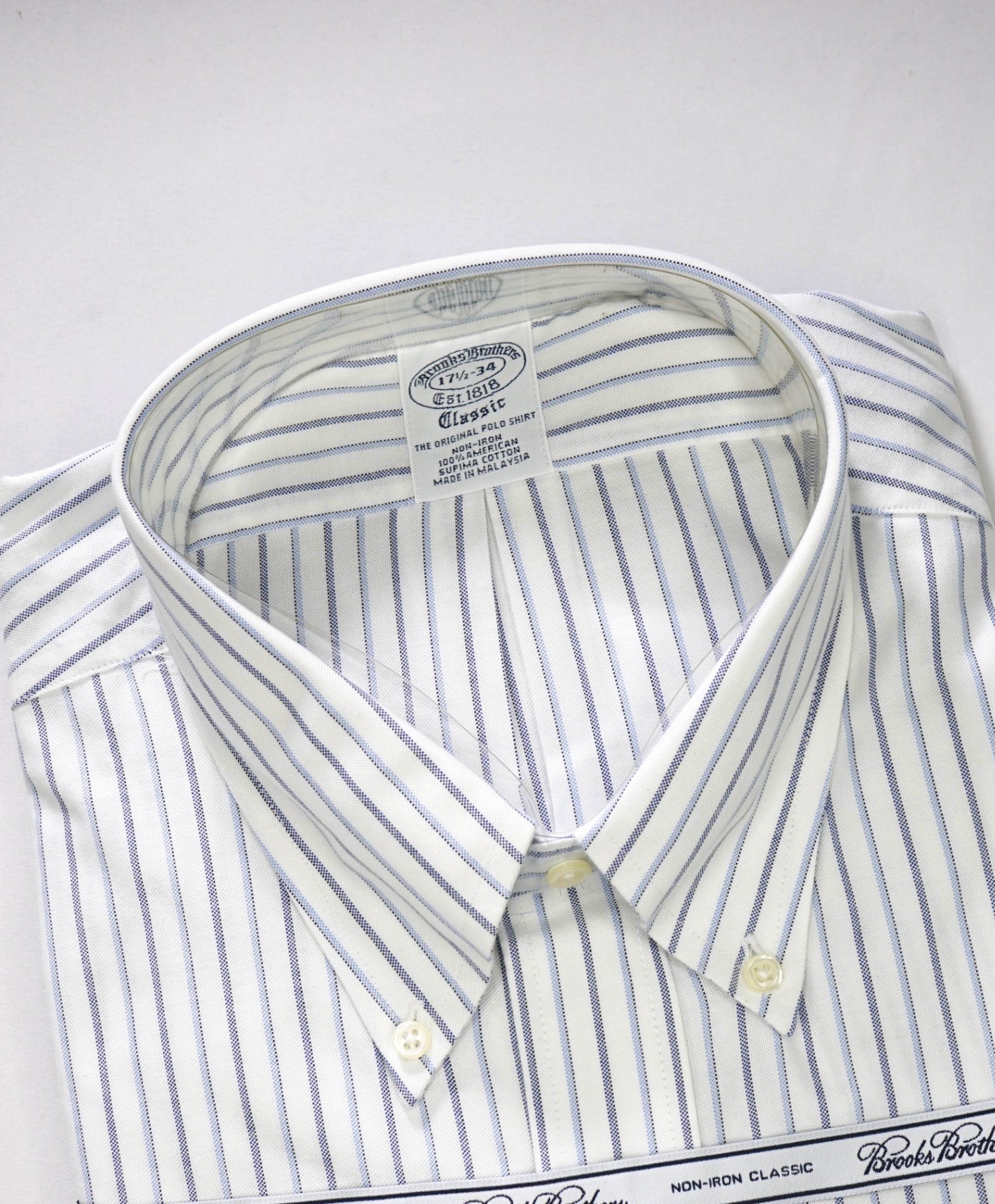 $128 BROOKS BROTHERS - Blue Stripe NON-IRON CLASSIC Shirt - 17.5 - 34