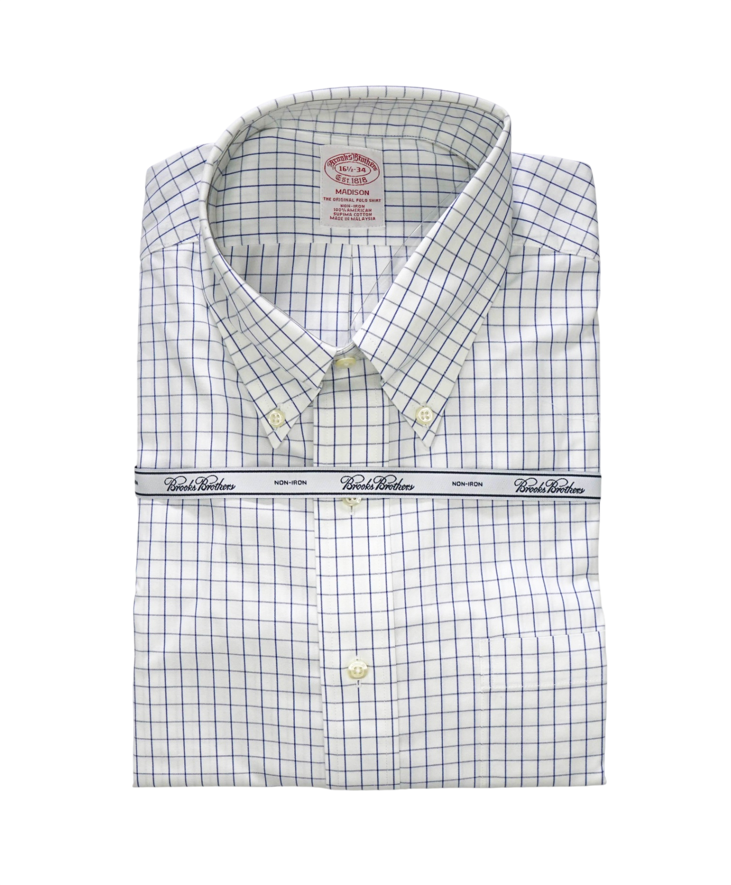 $128 BROOKS BROTHERS - Blue Check NON-IRON MADISON Shirt - 16.5 - 34