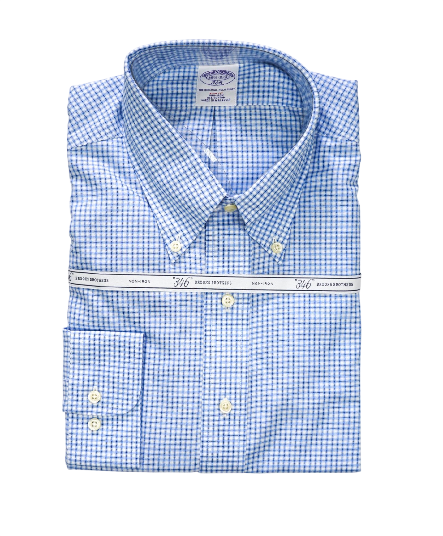 $128 BROOKS BROTHERS - Blue Check NON-IRON SLIM FIT "346" Shirt - 16.5 - 32/33