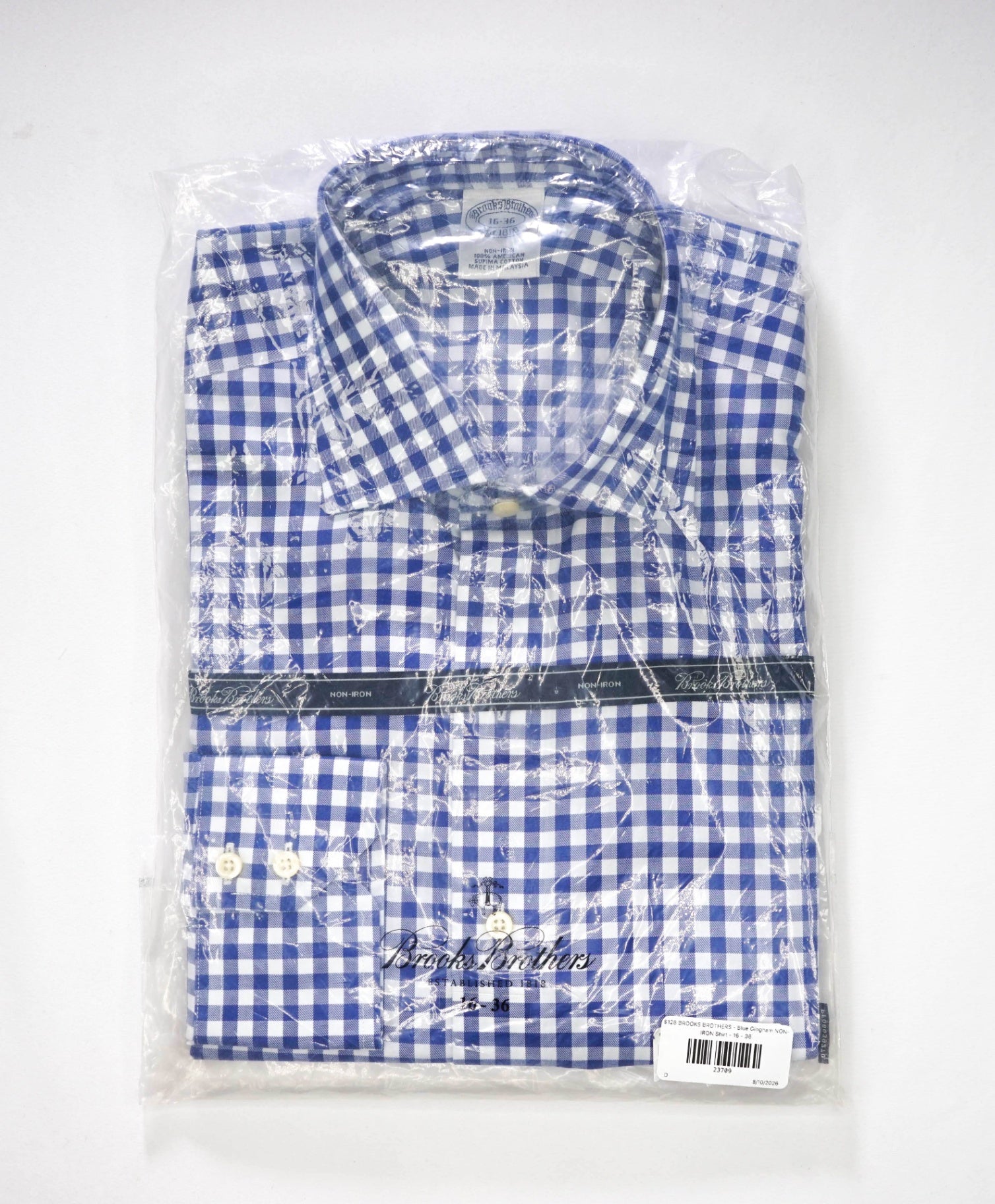 $128 BROOKS BROTHERS - Blue Gingham NON-IRON Shirt - 16 - 36