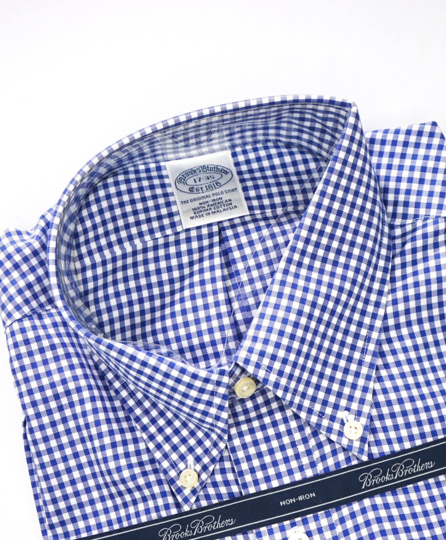 $128 BROOKS BROTHERS - Blue Gingham NON-IRON Shirt - 17 - 35