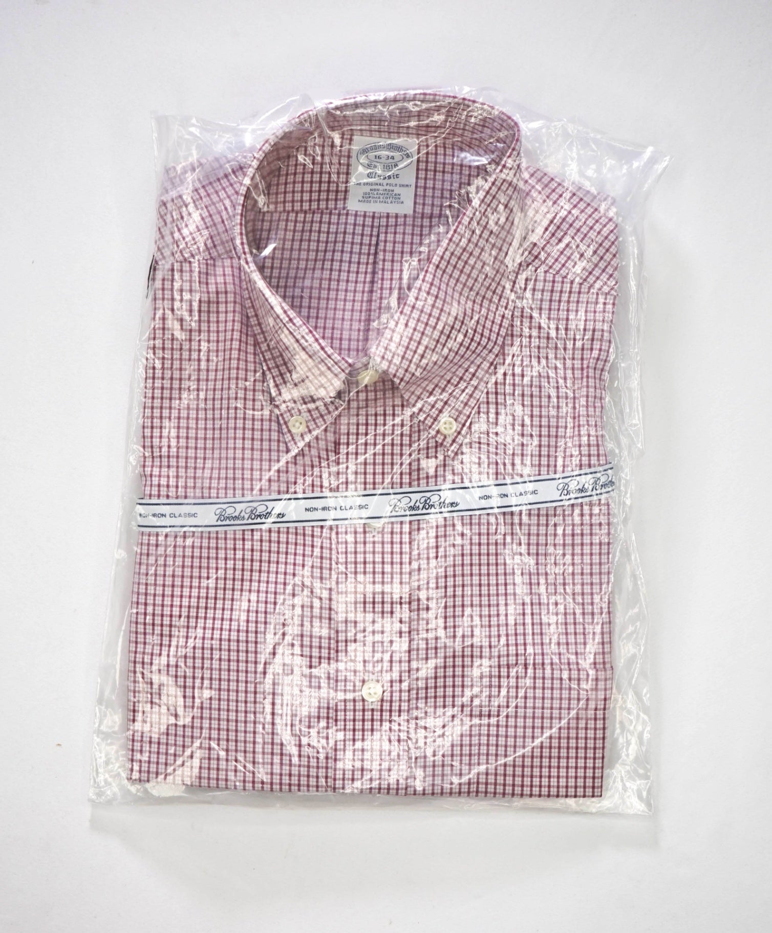 $128 BROOKS BROTHERS - Red Micro Plaid NON-IRON CLASSIC Shirt - 16 - 34