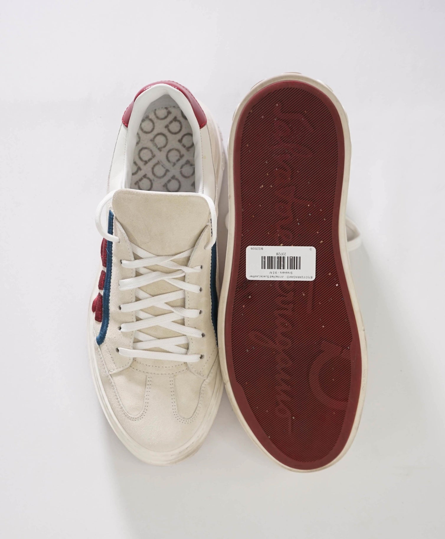 $750 FERRAGAMO - White/Red Suede/Leather Sneakers - 9.5 M