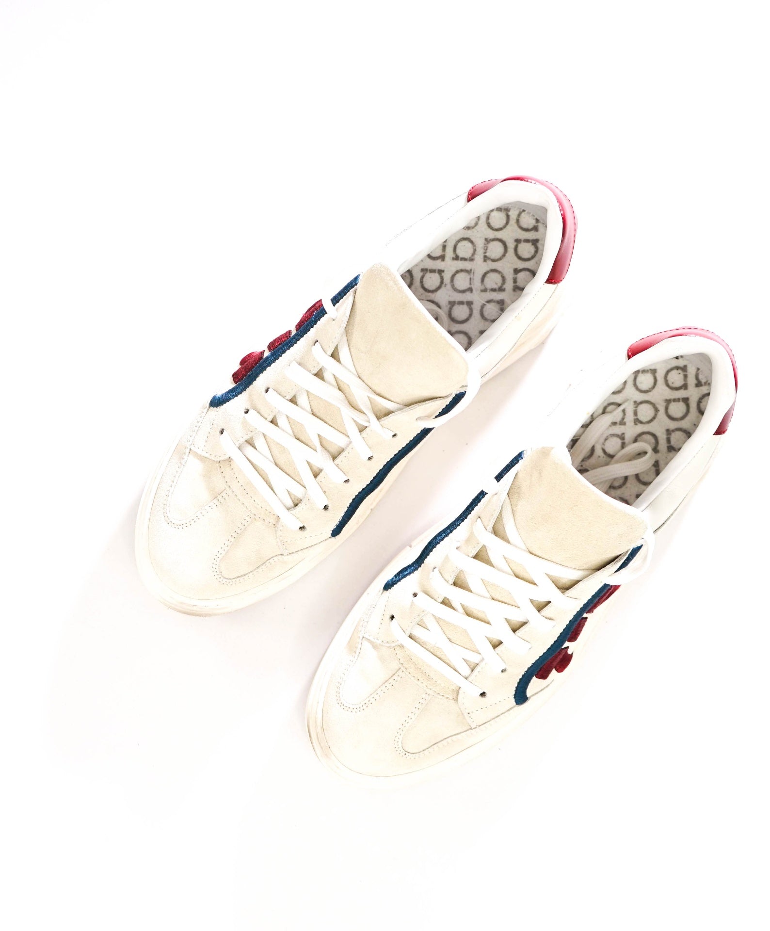 $750 FERRAGAMO - White/Red Suede/Leather Sneakers - 9.5 M