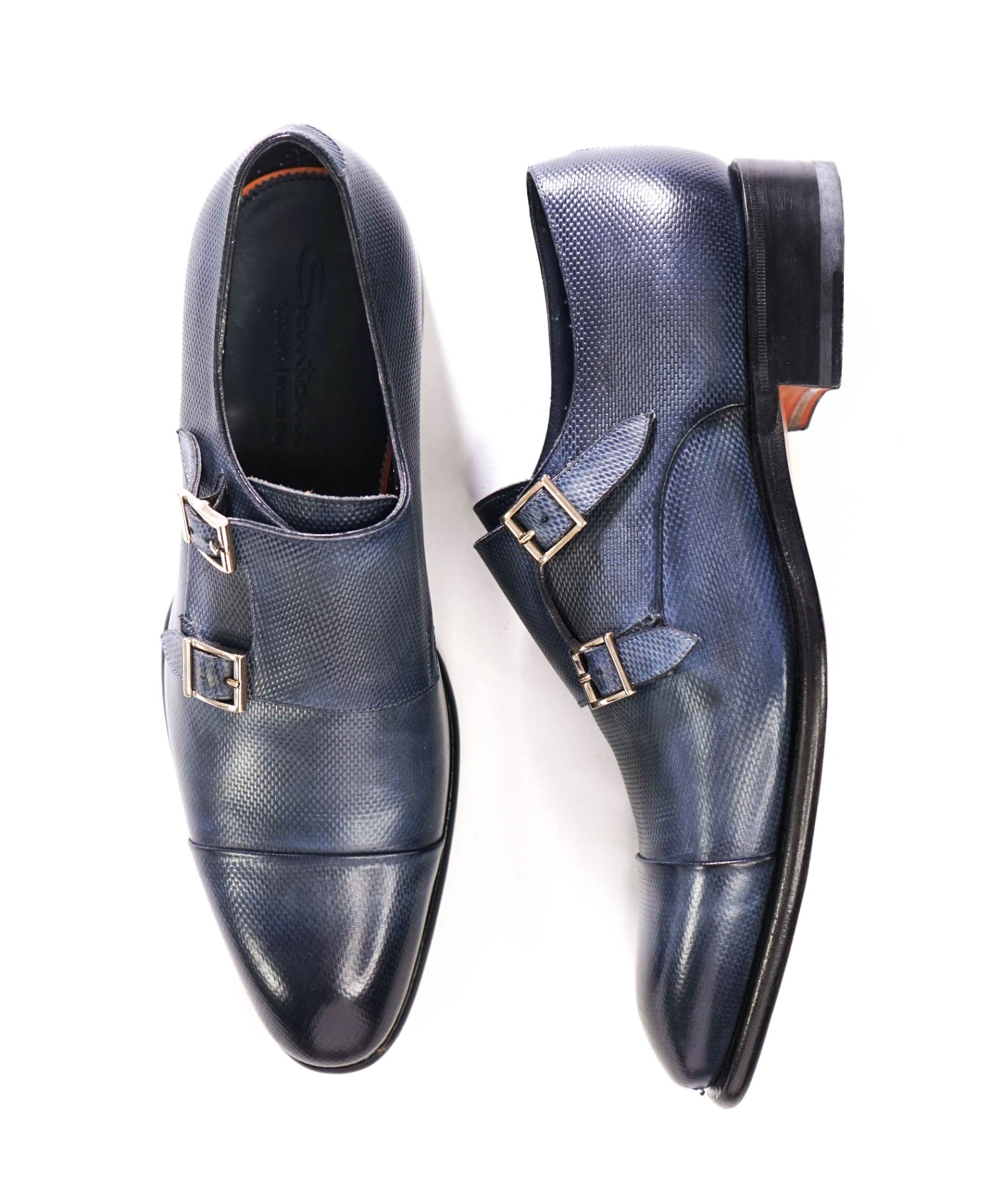 $1,880 SANTONI - Blue "GOODYEAR" Leather Monk - US 10.5 (9.5UK)