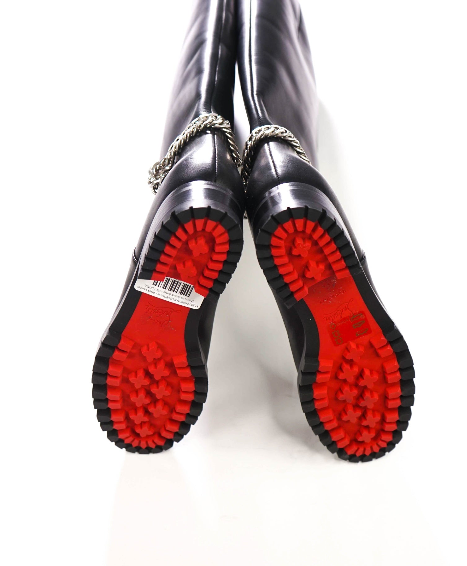 $1,390 LOUBOUTIN - Black Leather Chain Riding Boots - US 7 (37EU)