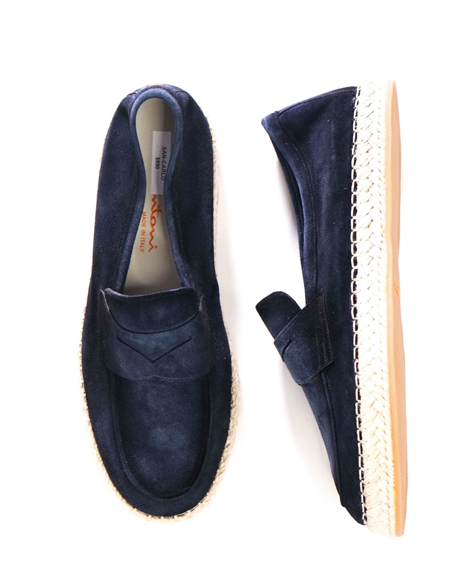 $890 SANTONI - Blue Suede CARLO Loafers - US 8.5 (7.5UK)