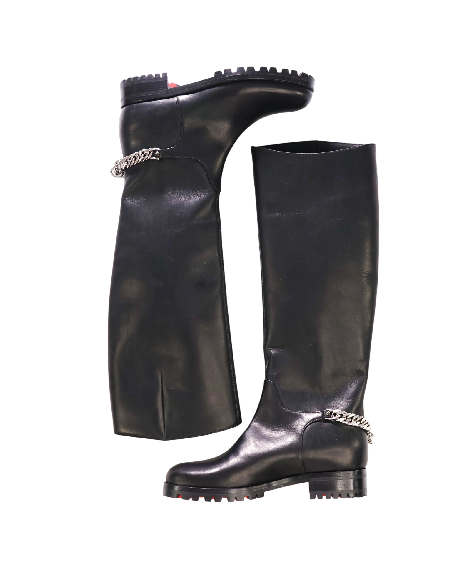 $1,390 LOUBOUTIN - Black Leather Chain Riding Boots - US 7 (37EU)