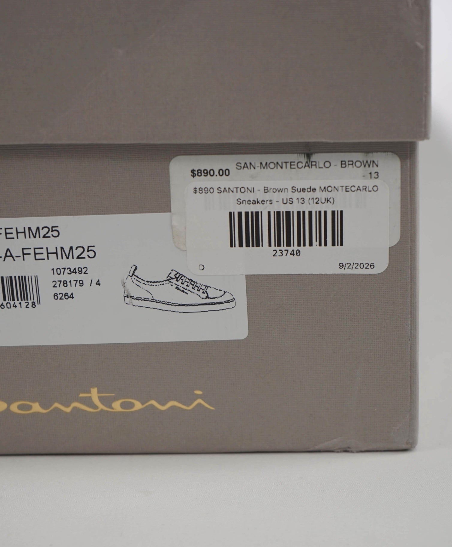 $890 SANTONI - Brown Suede MONTECARLO Sneakers - US 13 (12UK)