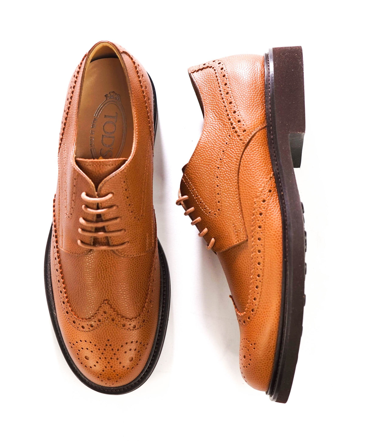 $795 TOD'S - Brown Pebble Leather Wingtip Derbies - US 8 (7UK)