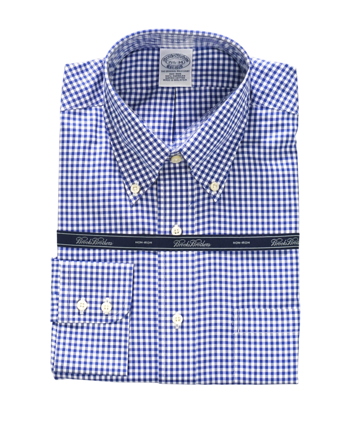 $128 BROOKS BROTHERS - Blue Gingham NON-IRON Shirt - 15.5 - 34