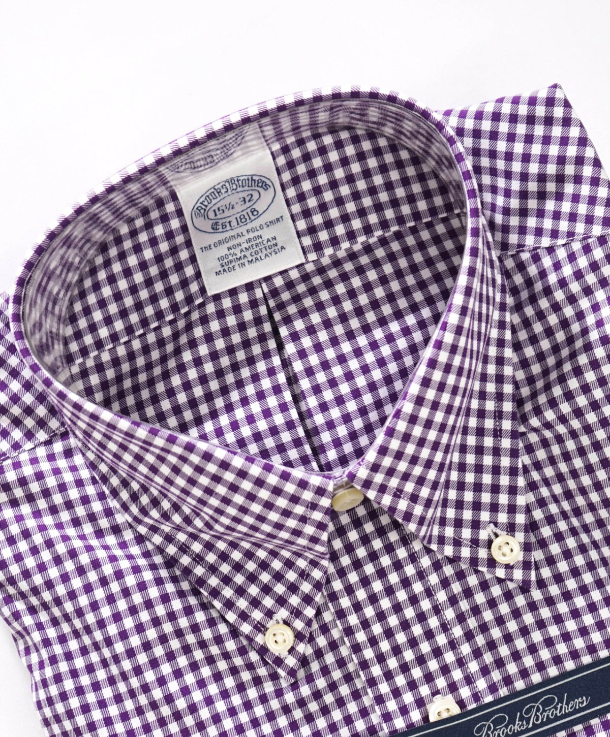 $128 BROOKS BROTHERS - Purple Gingham NON-IRON Shirt - 15.5 - 32