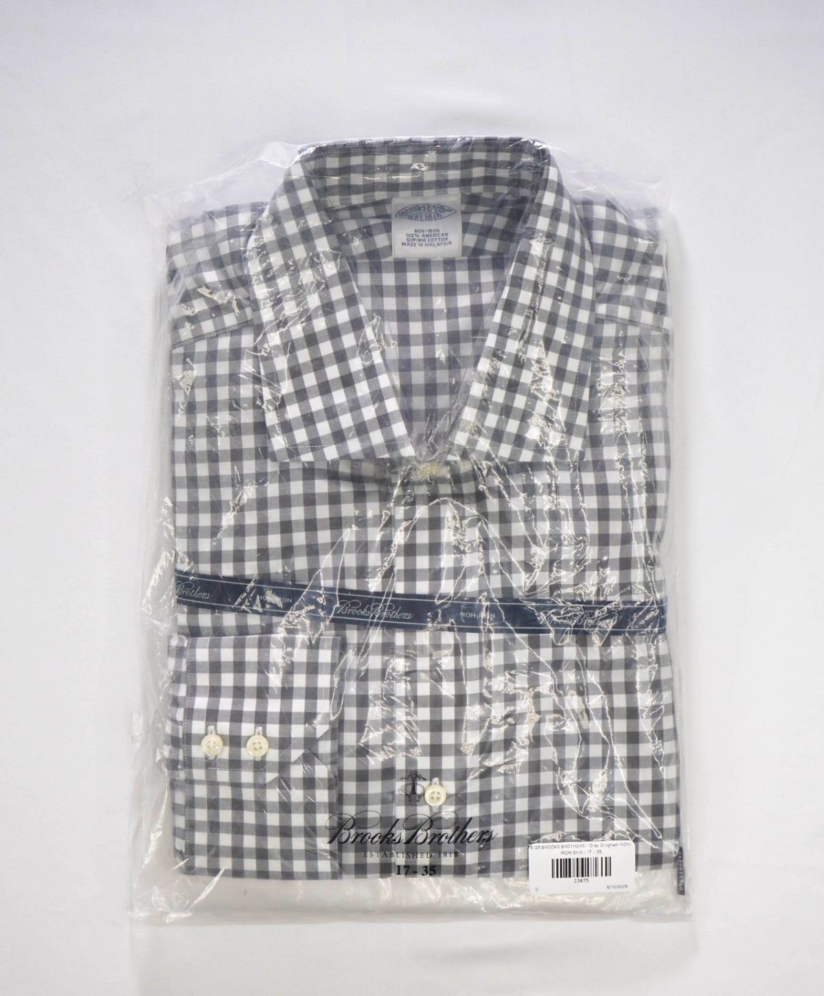$128 BROOKS BROTHERS - Gray Gingham NON-IRON Shirt - 17 - 35