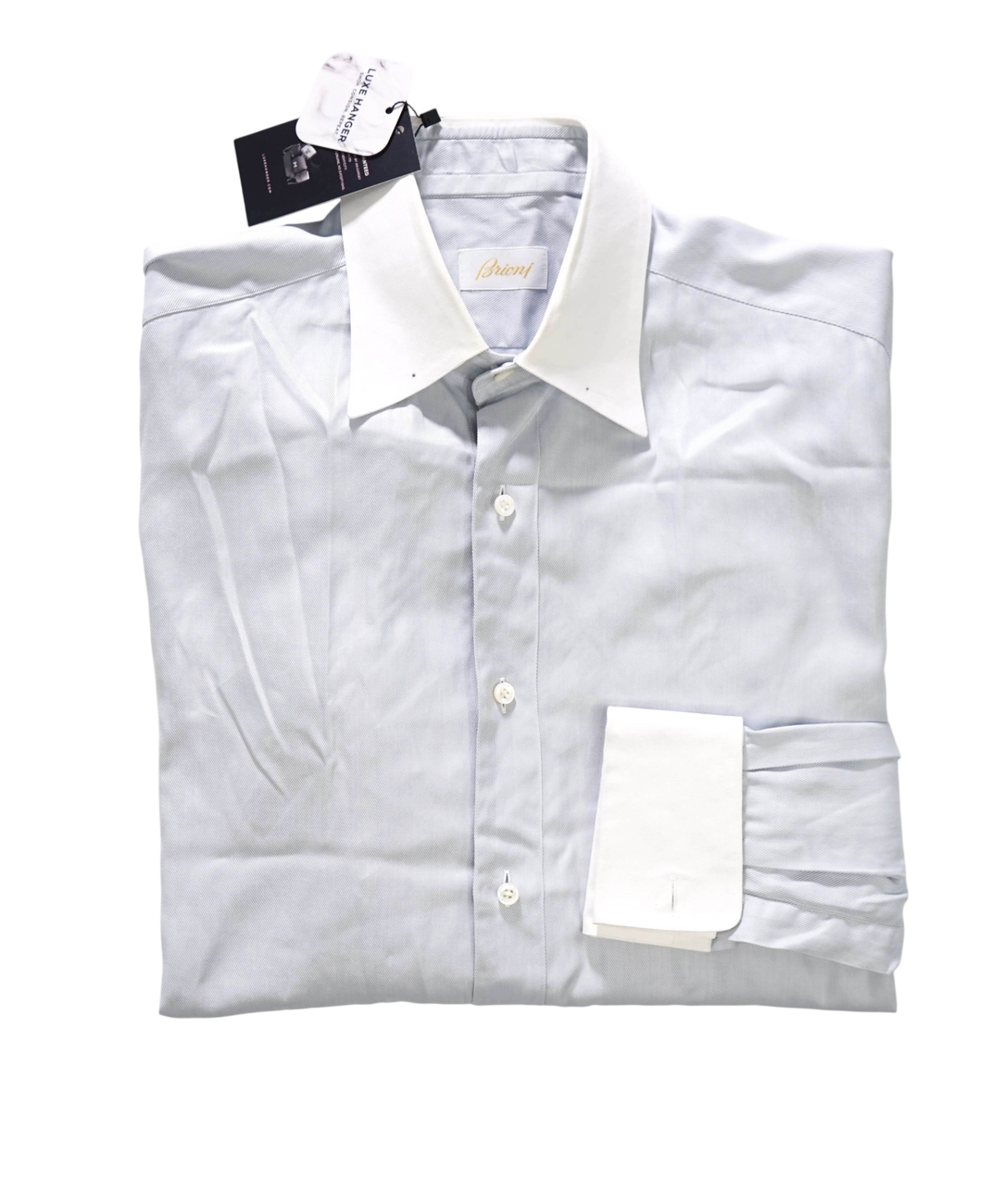 $900 BRIONI - Contrast Collar Bar Blue Cotton Shirt - 15 - 38