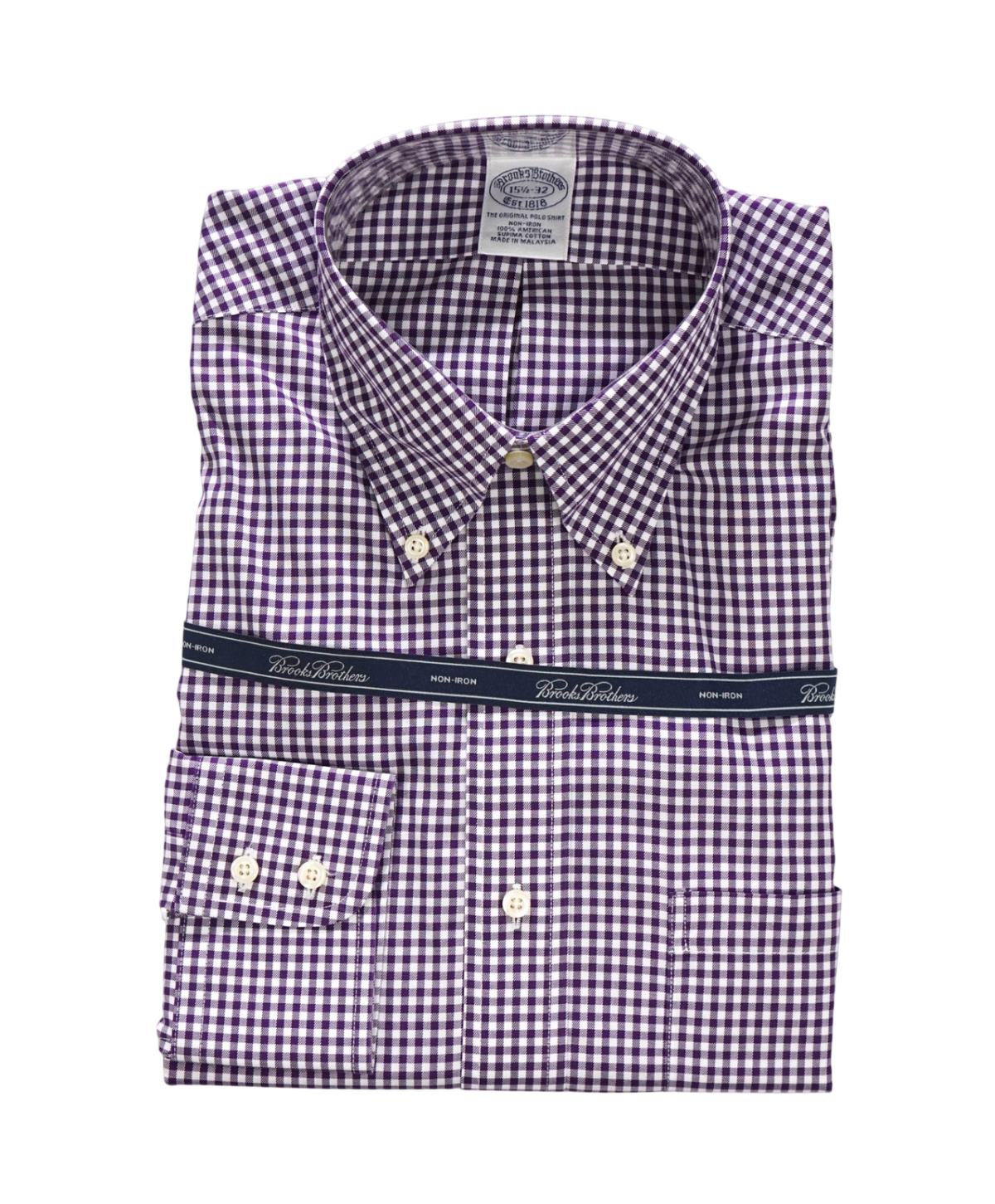 $128 BROOKS BROTHERS - Purple Gingham NON-IRON Shirt - 15.5 - 32