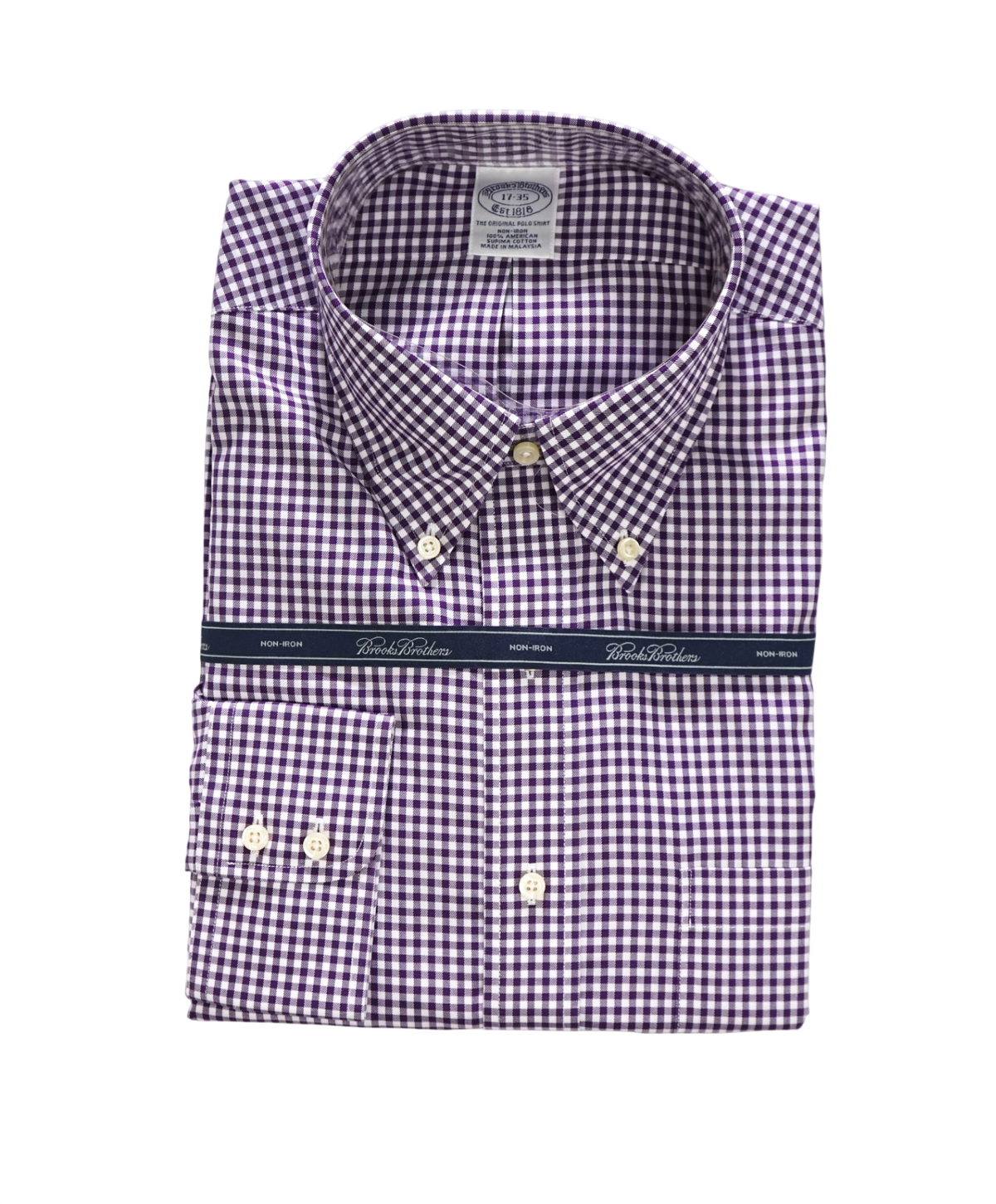 $128 BROOKS BROTHERS - Purple Gingham NON-IRON Shirt - 17 - 35