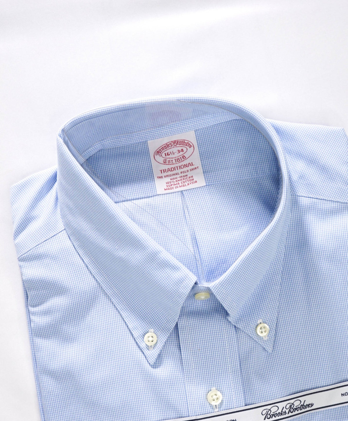 $128 BROOKS BROTHERS - Blue Micro Houndstooth NON-IRON TRADITIONAL Shirt - 16.5 - 34