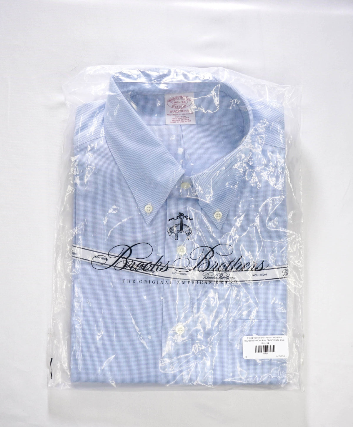 $128 BROOKS BROTHERS - Blue Micro Houndstooth NON-IRON TRADITIONAL Shirt - 16.5 - 34