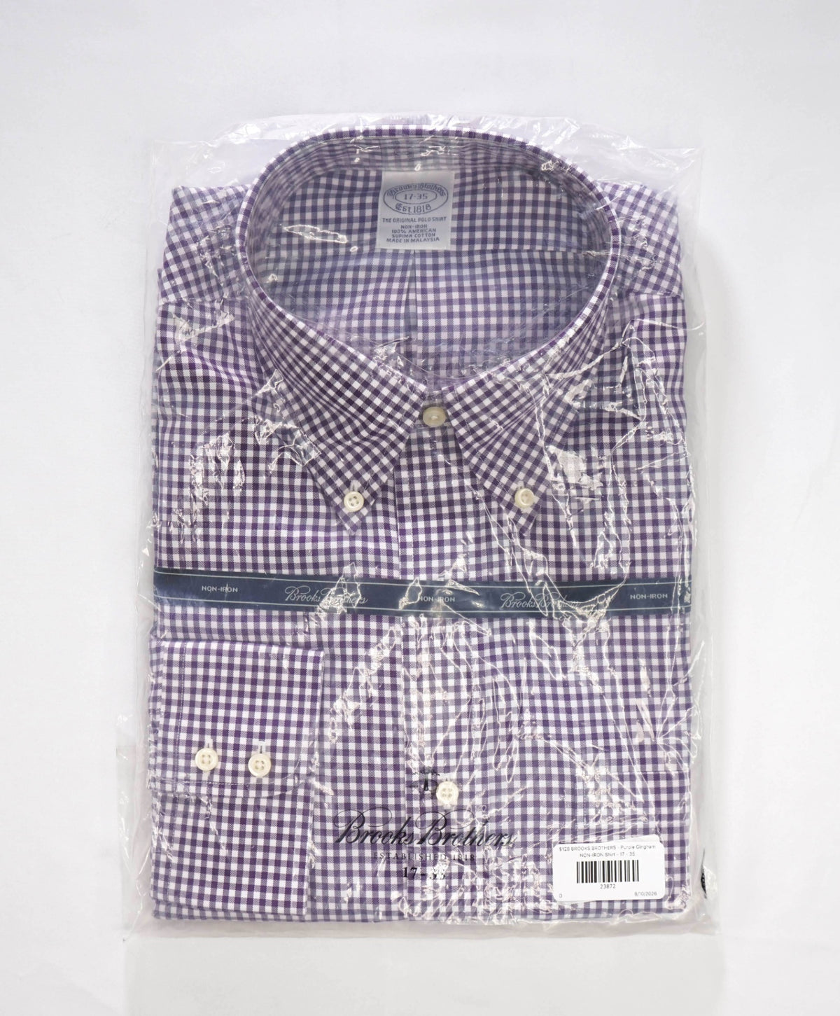 $128 BROOKS BROTHERS - Purple Gingham NON-IRON Shirt - 17 - 35