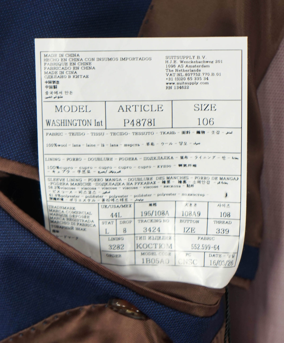 $700 SUITSUPPLY - ZIGNONE Navy Super 120's Peak Lapel Suit - 44L