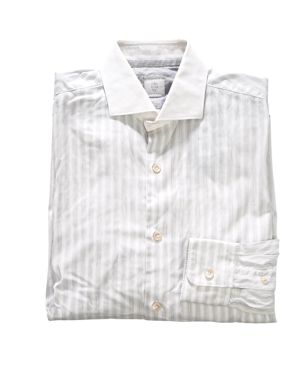 $495 ELEVENTY - Gray/White Stripe Contrast Collar Shirt - M