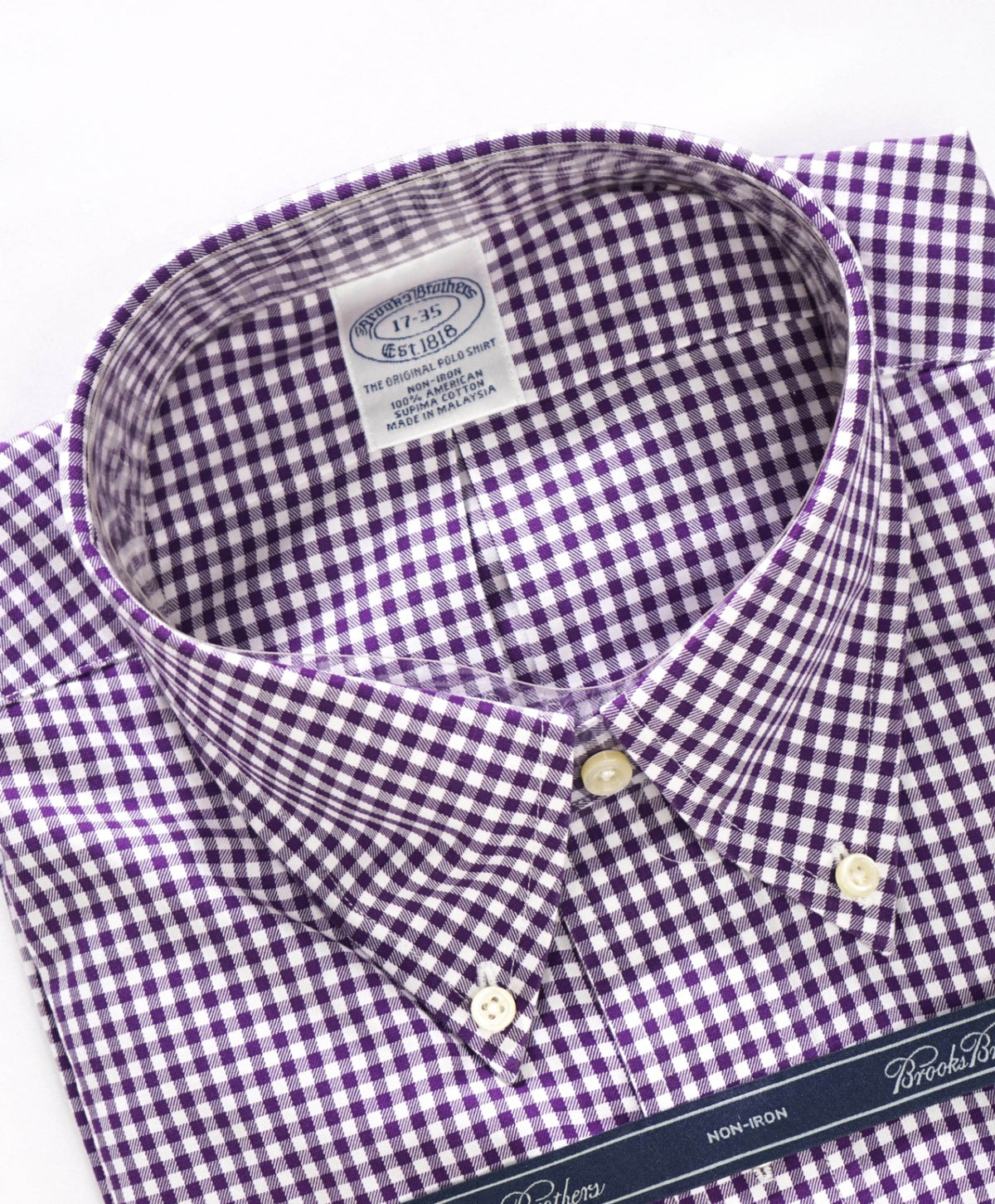 $128 BROOKS BROTHERS - Purple Gingham NON-IRON Shirt - 17 - 35