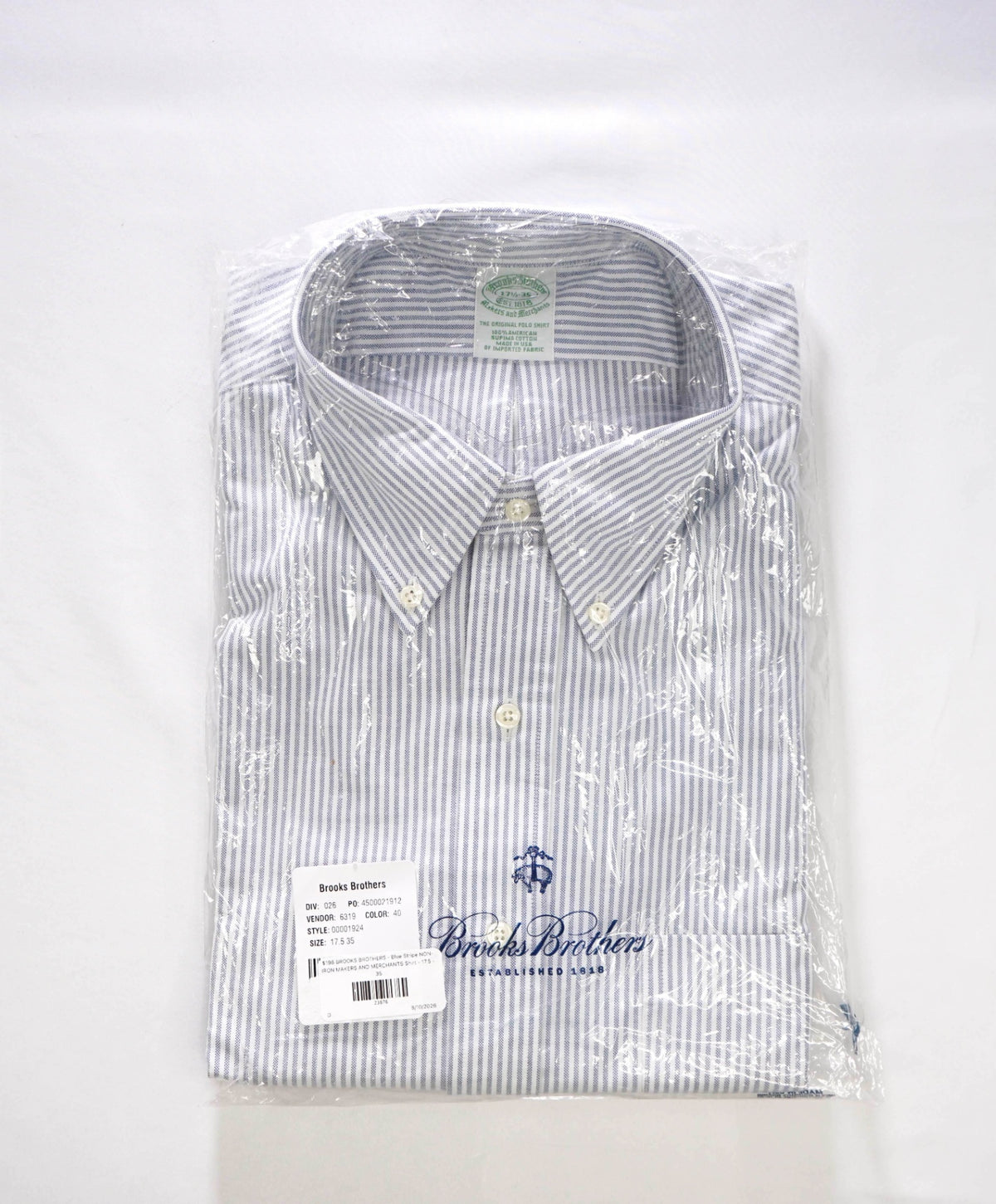 $198 BROOKS BROTHERS - Blue Stripe NON-IRON MAKERS & MERCHANTS Shirt - 17.5 - 35
