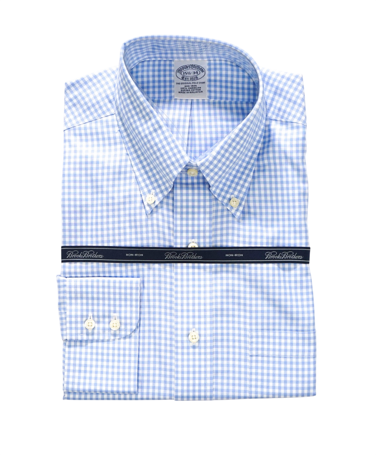 $128 BROOKS BROTHERS - Blue Gingham NON-IRON Shirt - 16.5 - 34