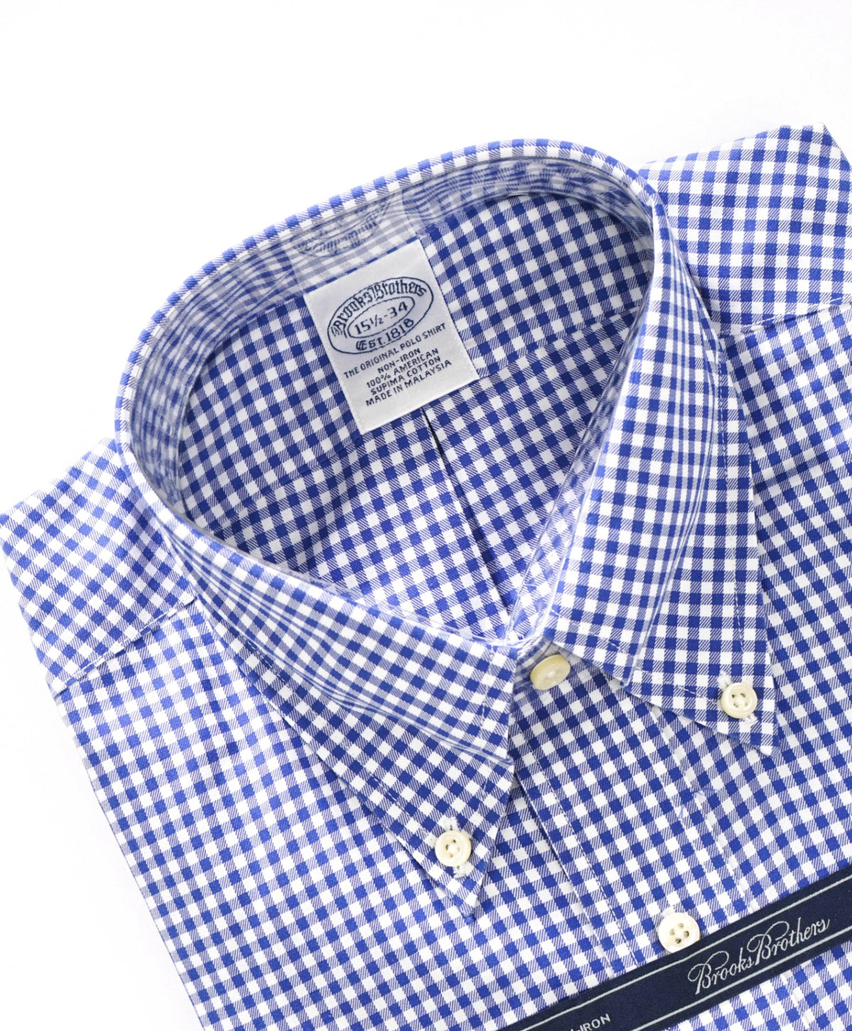 $128 BROOKS BROTHERS - Blue Gingham NON-IRON Shirt - 15.5 - 34