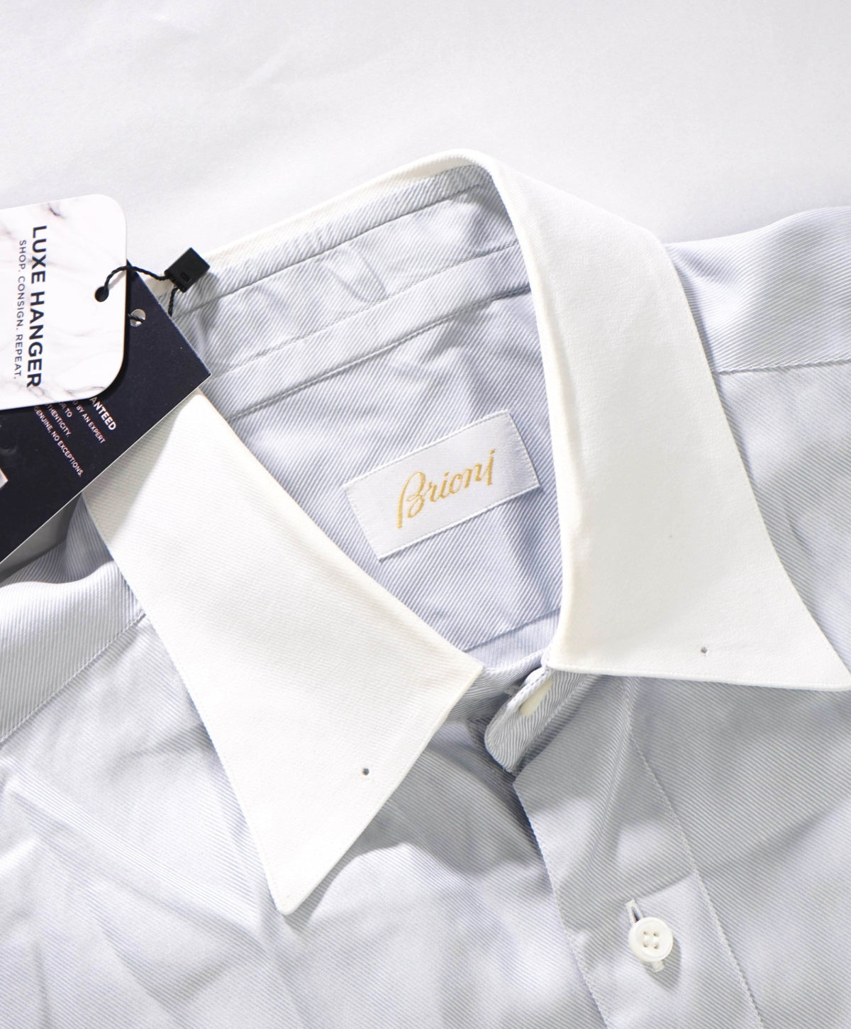 $900 BRIONI - Contrast Collar Bar Blue Cotton Shirt - 15 - 38