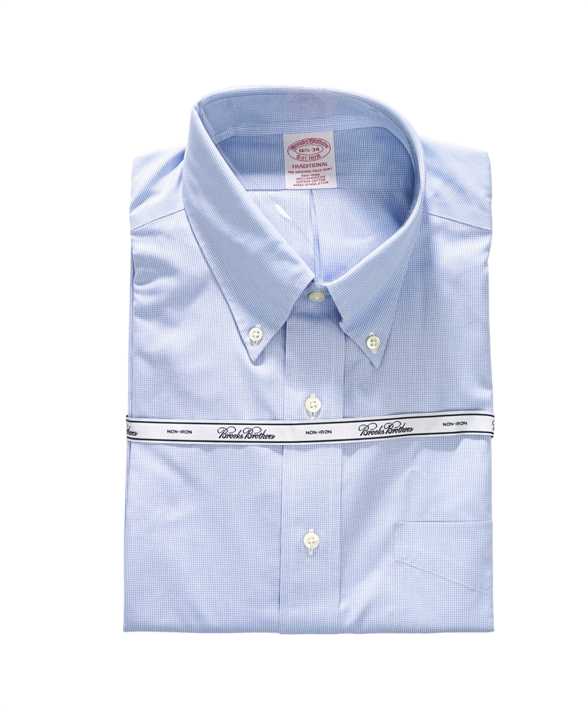 $128 BROOKS BROTHERS - Blue Micro Houndstooth NON-IRON TRADITIONAL Shirt - 16.5 - 34