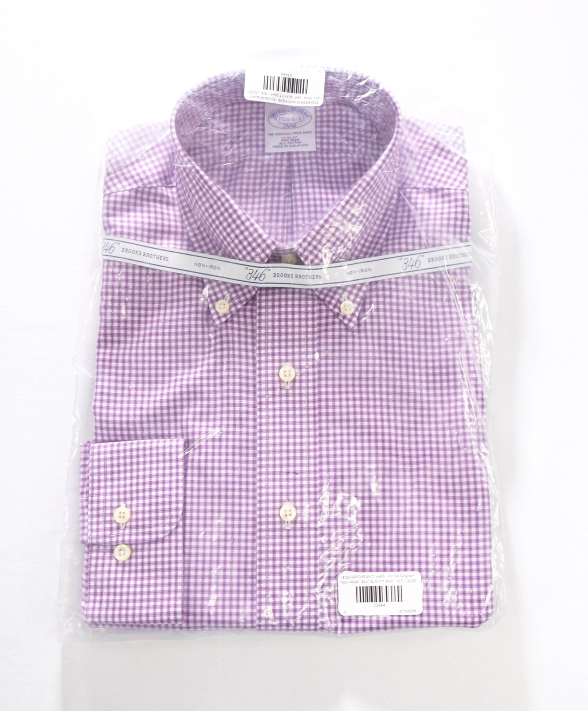 $128 BROOKS BROTHERS - Purple Gingham NON-IRON "364" SLIM FIT Shirt - 15.5 - 32/33