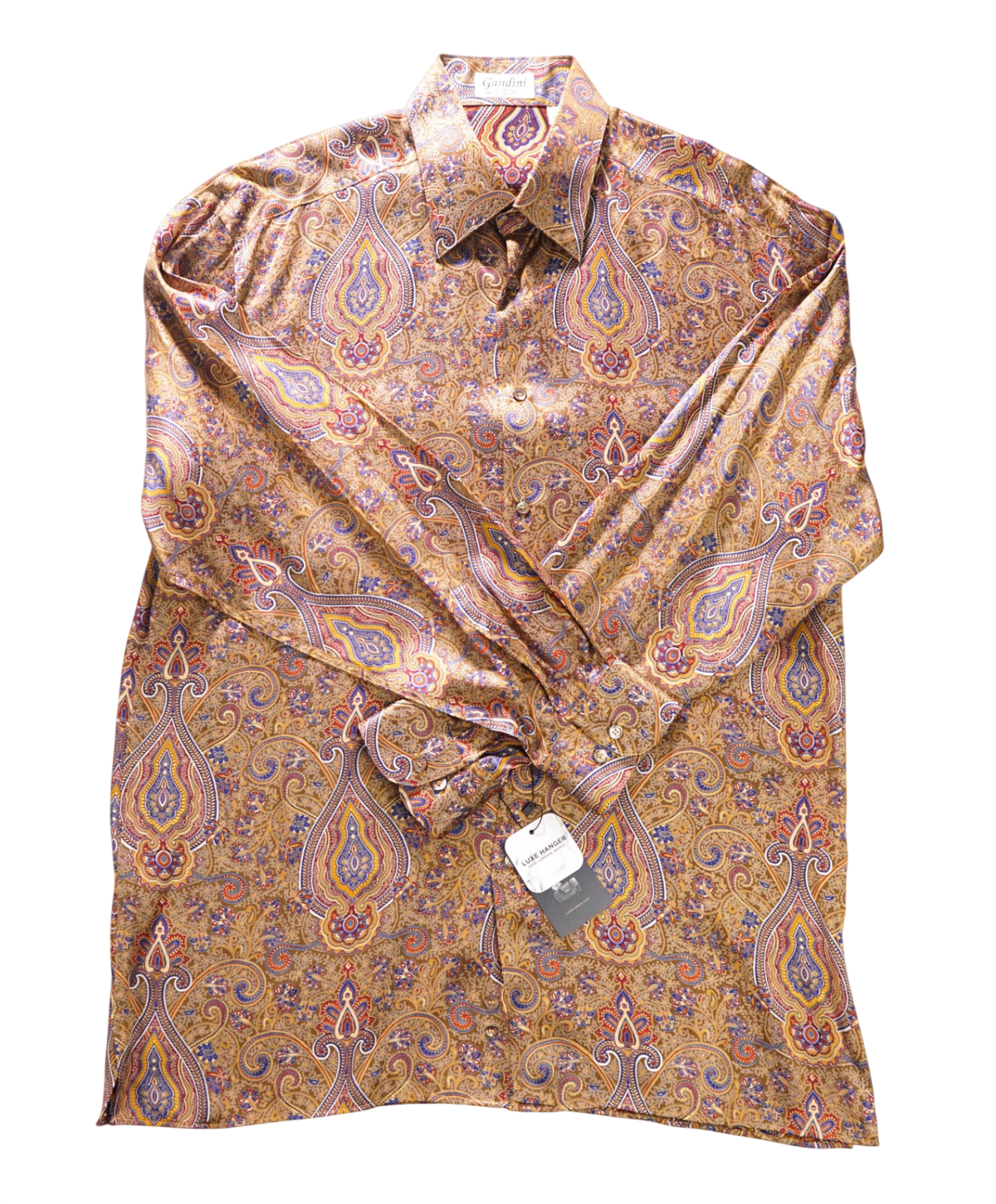 $650 GANDINI - VTG Brown Paisley PURE SILK Shirt - L