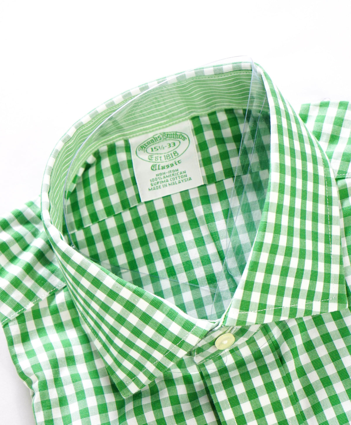$128 BROOKS BROTHERS - Green Gingham NON-IRON "Classic" Shirt - 15.5 - 33
