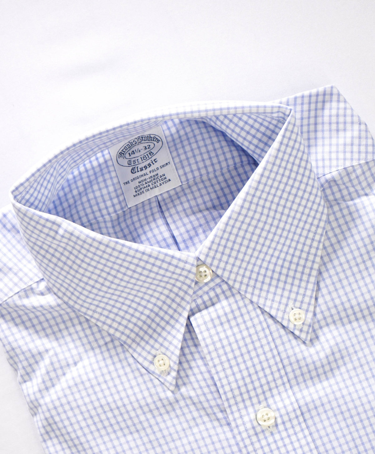 $128 BROOKS BROTHERS - Blue Gingham NON-IRON "Classic" Shirt - 14.5 - 32