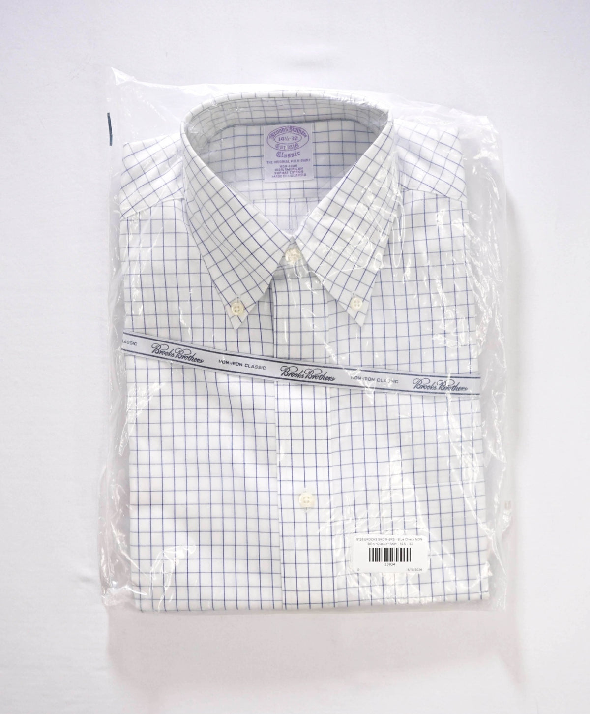 $128 BROOKS BROTHERS - Blue Check NON-IRON "Classic" Shirt - 14.5 - 32