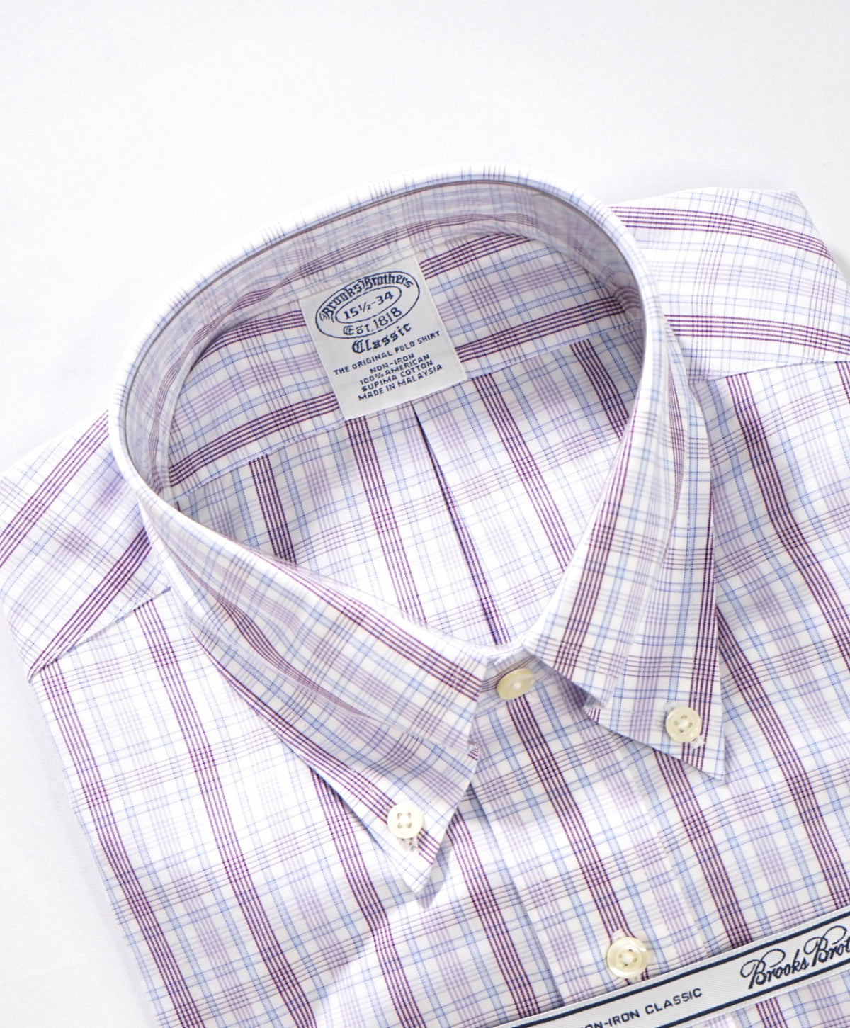 $128 BROOKS BROTHERS - Purple/Blue Plaid NON-IRON "Classic" Shirt - 15.5 - 34