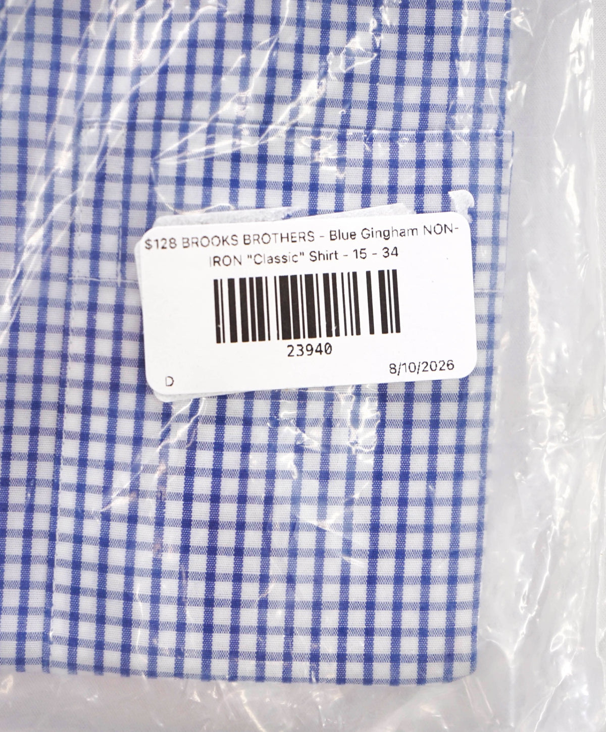 $128 BROOKS BROTHERS - Blue Gingham NON-IRON "Classic" Shirt - 15 - 34