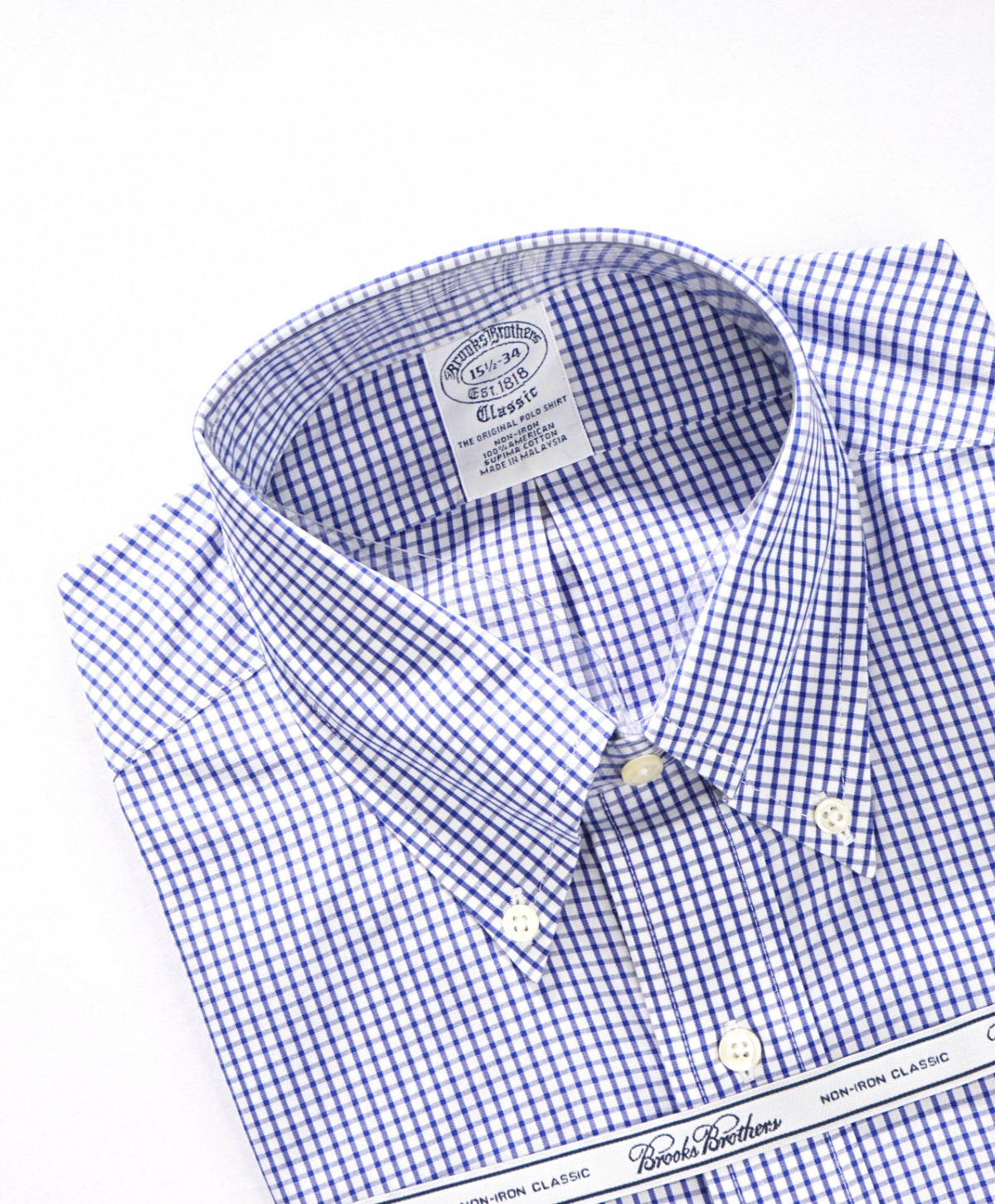 $128 BROOKS BROTHERS - Blue Gingham NON-IRON "Classic" Shirt - 15.5 - 34