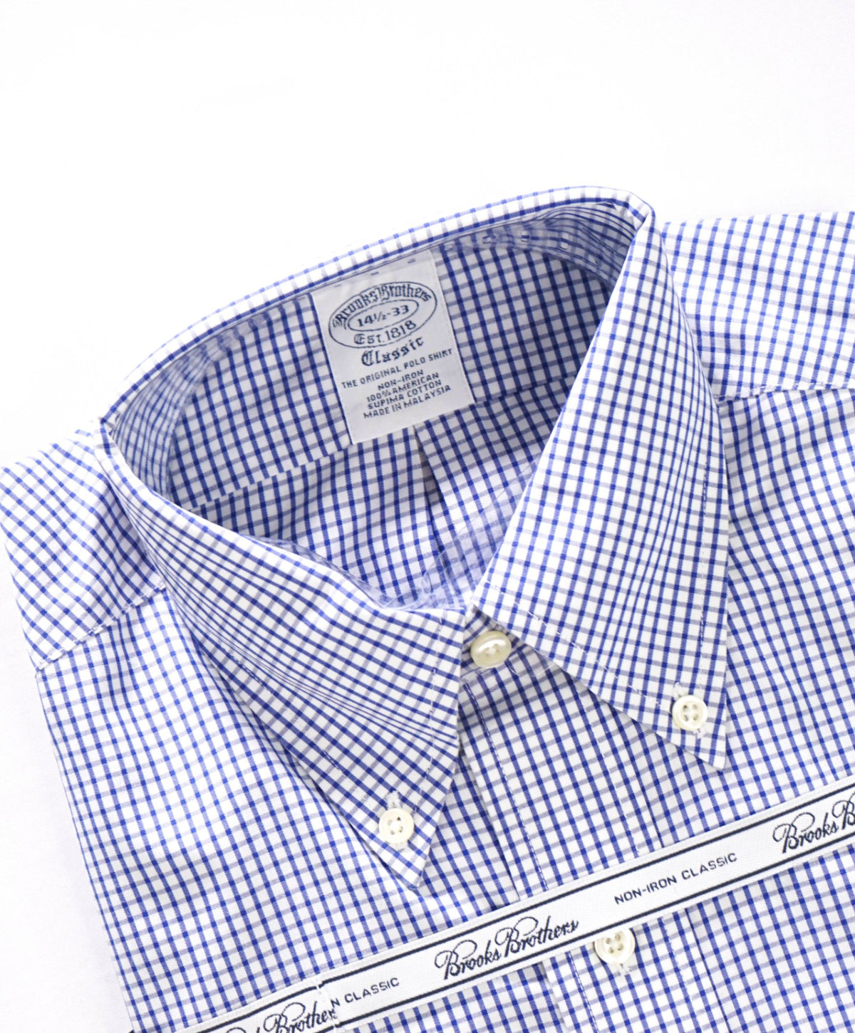 $128 BROOKS BROTHERS - Blue Gingham NON-IRON "Classic" Shirt - 14.5 - 33