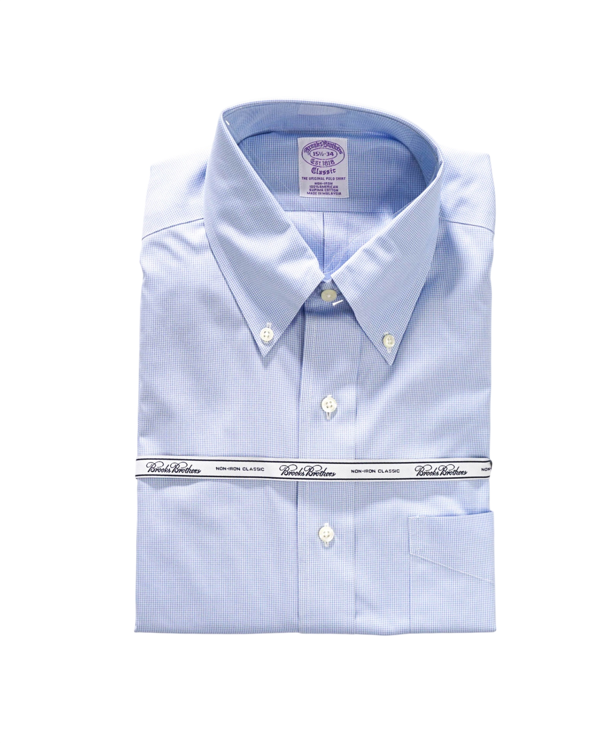 $128 BROOKS BROTHERS - Blue Micro Houndstooth NON-IRON "Classic" Shirt - 15.5 - 34