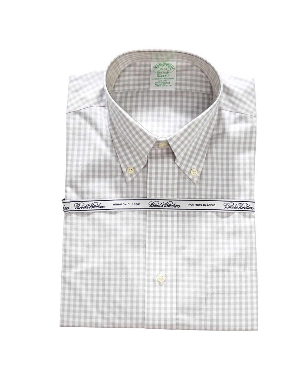 $128 BROOKS BROTHERS - Gray Gingham NON-IRON "Classic" Shirt - 15 - 34