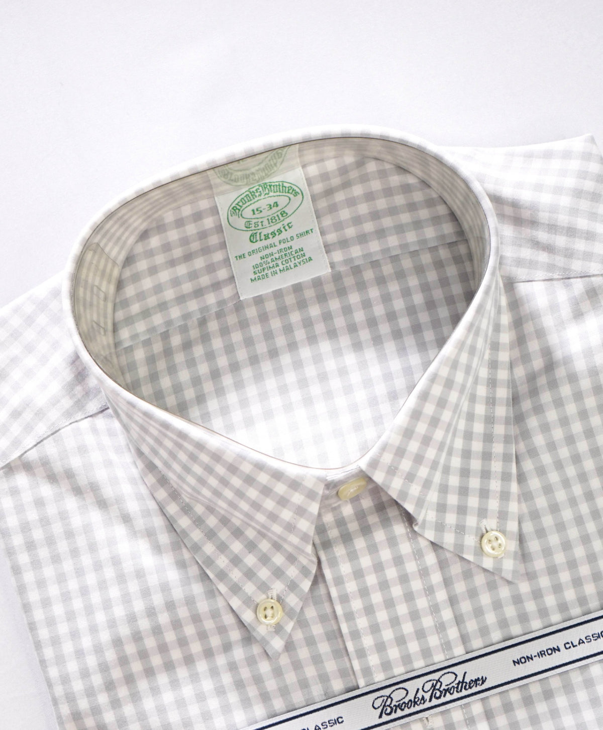 $128 BROOKS BROTHERS - Gray Gingham NON-IRON "Classic" Shirt - 15 - 34